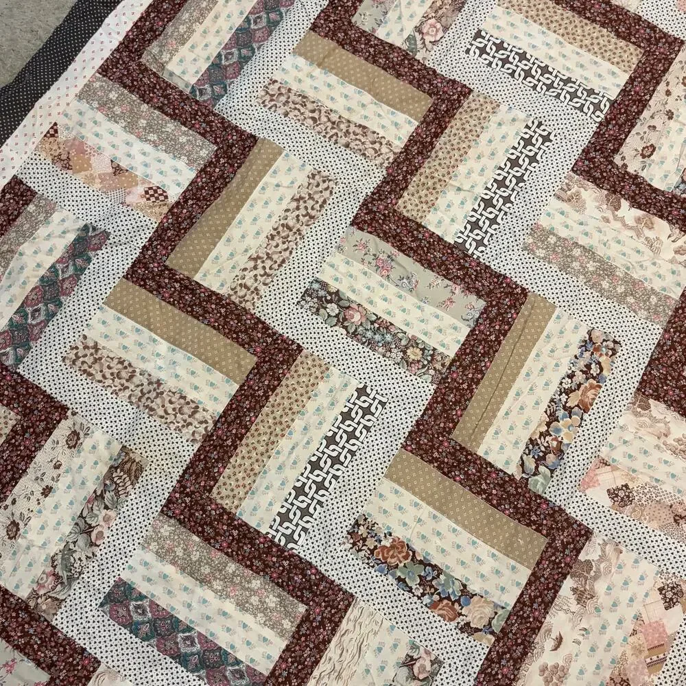 Vintage 1994 Handmade Patchwork Quilt Brown Geometric Rail Fence Twin XL 61x95